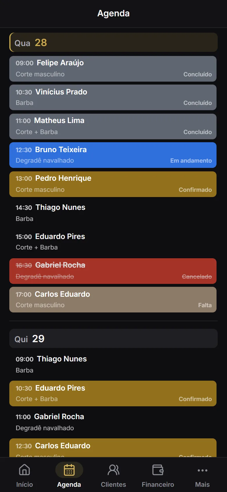 Agenda do dia no Barvio, com atendimentos concluídos, em andamento e confirmados