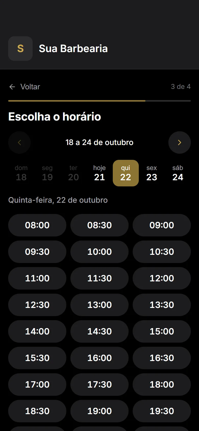 Página de agendamento da barbearia, onde o cliente escolhe o horário
